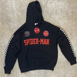 Marvel Spider-Man Hoodie Black Adult L Web Patch Graphic Pullover Sweatshirt NWT